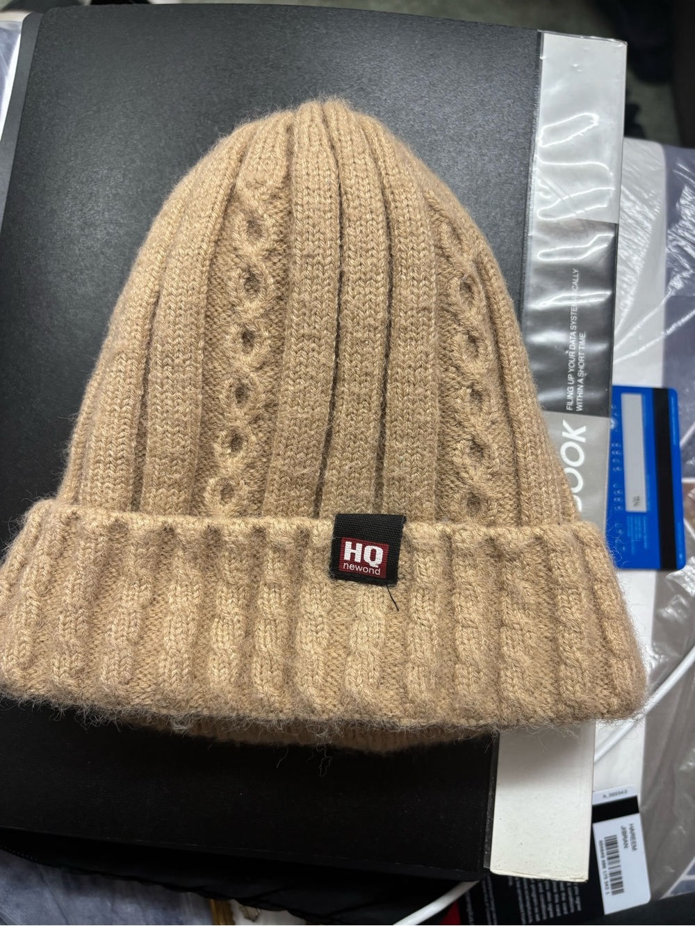 HQ Beige Cable Knit Fold-Over Beanie
